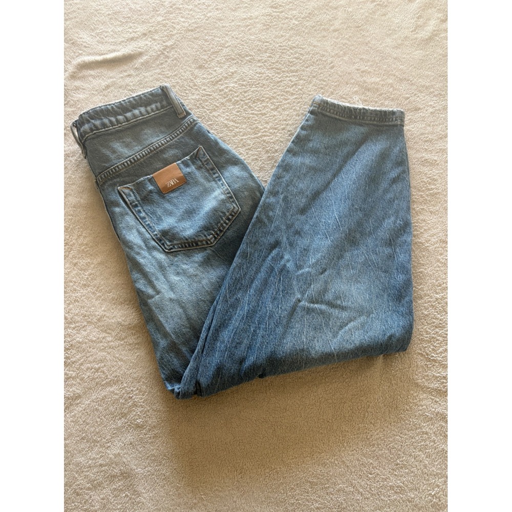Zara‎ Women's Distressed Denim Jeans Blue High Rise Wide Leg Ripped
